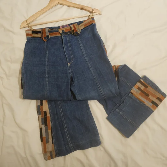 RARE VINTAGE 70s Suede Patchwork Wideleg Bell Bottoms Jeans - Picture 2 of 12